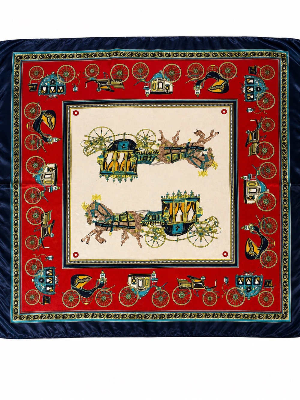 Vintage Equestrian Horse Carriage Scarf 35x35 Red Navy Gold Baroque Square